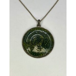 Vintage 1928 Green Paisley Enamel Round Pendant Necklace Bronze Tone Boho